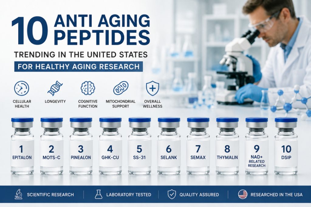 Scientific infographic showcasing the top 10 anti aging peptides trending in the United States for healthy aging, longevity, and cellular health research in 2026.