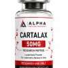 Alpha Peptide Research Cartalax 50mg lyophilized research peptide vial with visible molecular bond graphics for scientific and laboratory research.