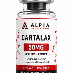 Alpha Peptide Research Cartalax 50mg lyophilized research peptide vial with visible molecular bond graphics for scientific and laboratory research.