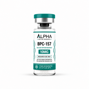 Alpha Peptide Research BPC-157 10mg laboratory research vial with teal Healing Peptide Research branding.