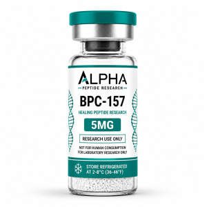 Alpha Peptide Research BPC-157 5mg laboratory research vial with teal Healing Peptide Research branding.