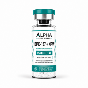 Alpha Peptide Research BPC-157 + KPV Blend 15mg laboratory research vial with teal Healing Peptides branding.