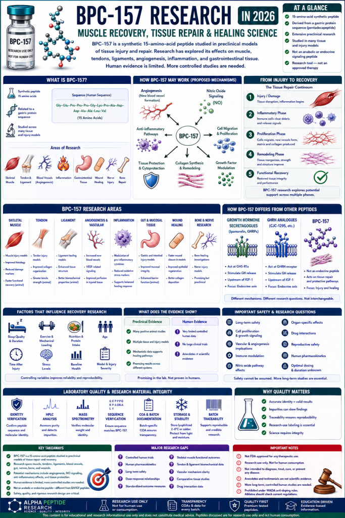 BPC-157 research infographic covering muscle recovery, tendon and ligament research, tissue repair, angiogenesis, inflammation, safety, and laboratory quality.