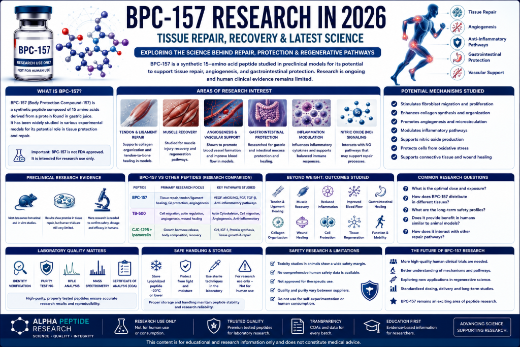 Scientific infographic about BPC-157 research in 2026, covering tissue repair, tendon and ligament research, muscle recovery, angiogenesis, inflammation, and laboratory quality.