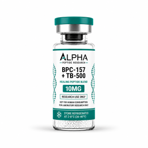 Alpha Peptide Research BPC-157 + TB-500 Blend 10mg laboratory research vial with teal Healing Peptide Blend branding.