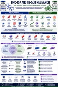 BPC-157 and TB-500 research infographic comparing tissue repair pathways, cell migration, angiogenesis, connective tissue, experimental design, evidence gaps, and laboratory quality.