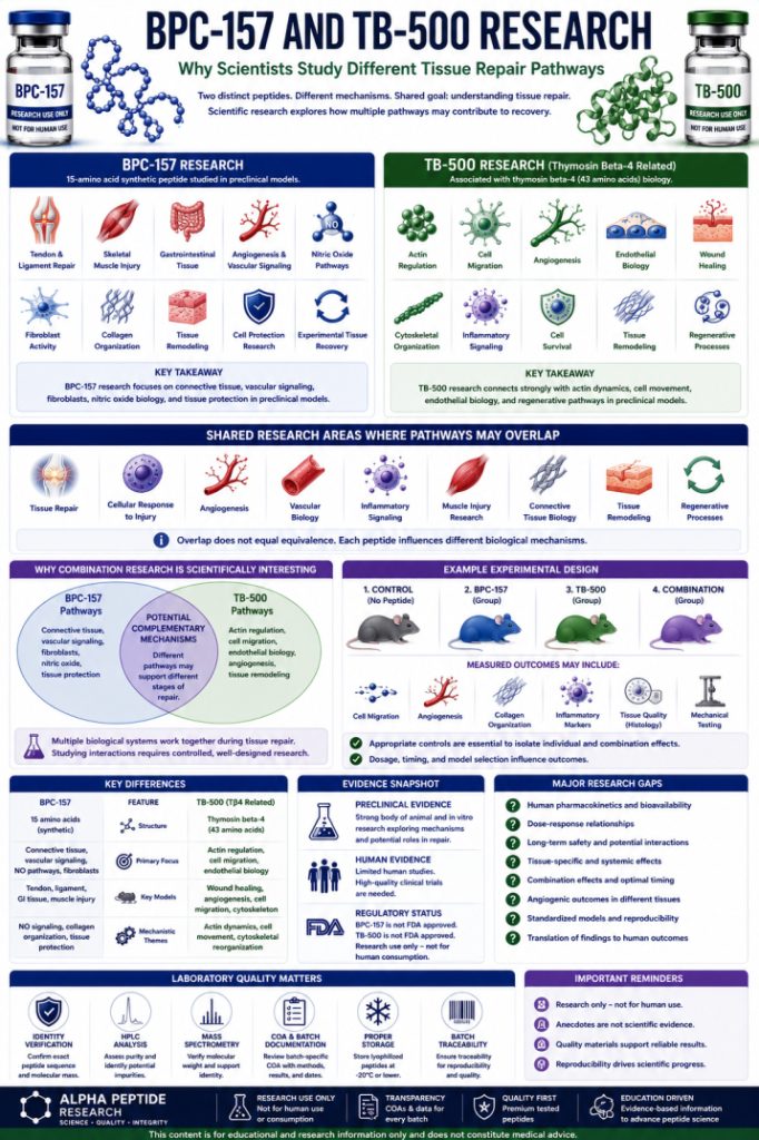 BPC-157 and TB-500 research infographic comparing tissue repair pathways, cell migration, angiogenesis, connective tissue, experimental design, evidence gaps, and laboratory quality.