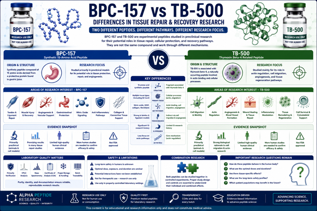 BPC-157 vs TB-500 scientific infographic comparing tissue repair research, tendon and muscle studies, angiogenesis, cellular migration, evidence, and laboratory quality.