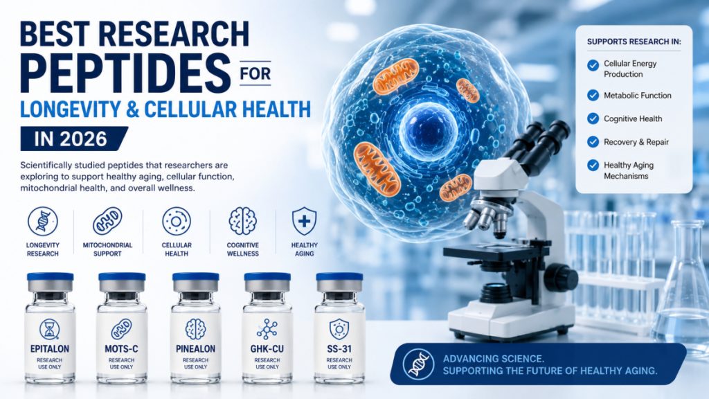 Scientific infographic illustrating the best research peptides for longevity and cellular health in 2026, highlighting mitochondrial support, healthy aging, and cellular wellness research.