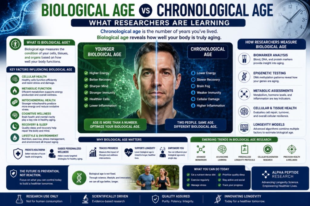 Scientific infographic comparing biological age and chronological age, highlighting healthy aging research, biomarker science, and longevity innovations.