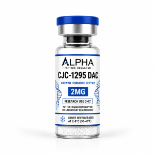 Alpha Peptide Research CJC-1295 DAC 2mg Growth Hormone lyophilized research peptide vial with royal blue DNA helix graphics for scientific and laboratory research.