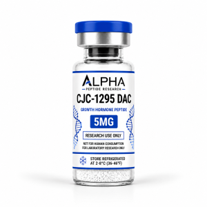 Alpha Peptide Research CJC-1295 DAC 5mg Growth Hormone lyophilized research peptide vial with royal blue DNA helix graphics for scientific and laboratory research.