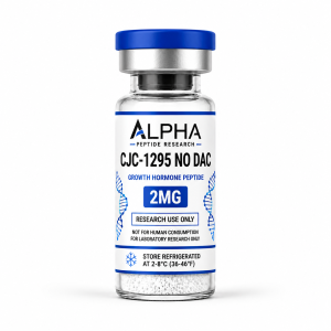 Alpha Peptide Research CJC-1295 No DAC 2mg Growth Hormone lyophilized research peptide vial with royal blue DNA helix graphics for scientific and laboratory research.