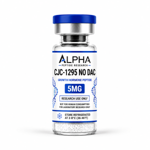 Alpha Peptide Research CJC-1295 No DAC 5mg Growth Hormone lyophilized research peptide vial with royal blue DNA helix graphics for scientific and laboratory research.