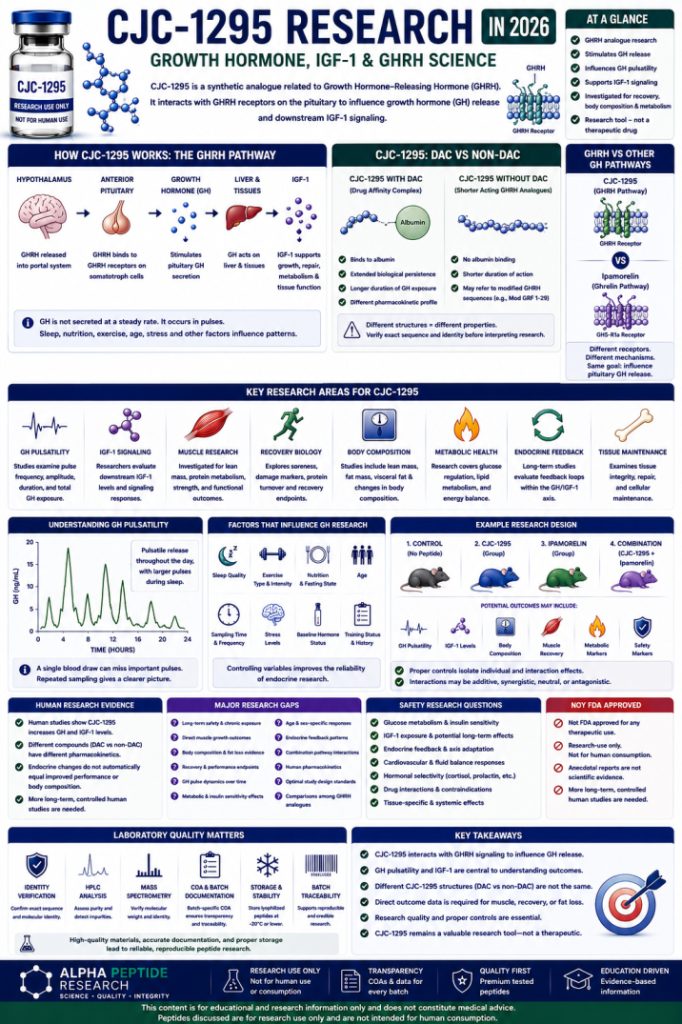 CJC-1295 research infographic explaining GHRH signaling, growth hormone release, GH pulsatility, IGF-1, DAC vs non-DAC compounds, research evidence, safety questions, and laboratory quality.
