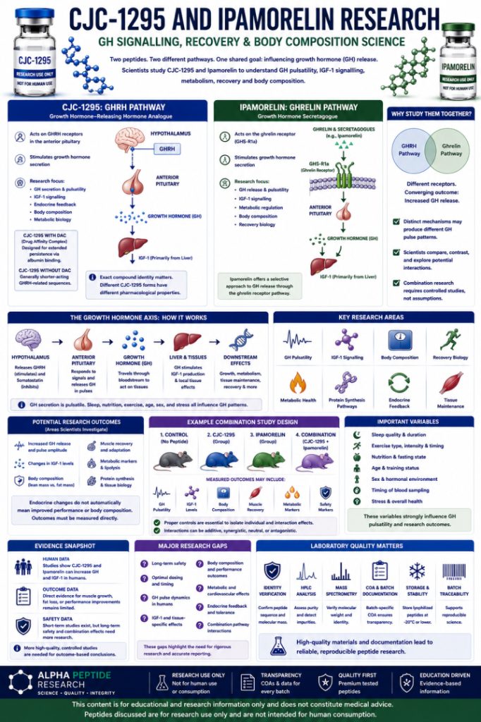 CJC-1295 and Ipamorelin research infographic showing GHRH and ghrelin receptor pathways, growth hormone signaling, IGF-1, recovery, body composition, and laboratory research.