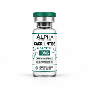 Alpha Peptide Research Cagrilintide 10mg GLP-1 lyophilized research peptide vial with emerald green molecular bond graphics for scientific and laboratory research.