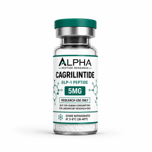 Alpha Peptide Research Cagrilintide 5mg GLP-1 lyophilized research peptide vial with emerald green molecular bond graphics for scientific and laboratory research.