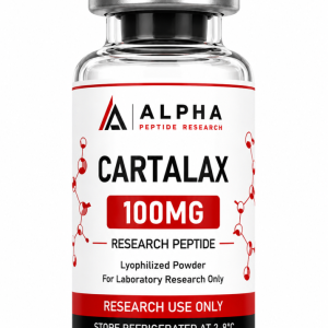 Alpha Peptide Research Cartalax 100mg lyophilized research peptide vial with visible molecular bond graphics for scientific and laboratory research.