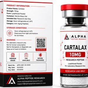 Alpha Peptide Research Cartalax 10mg research peptide featuring a technical information product box and a laboratory-grade lyophilized peptide vial with visible molecular bond graphics for scientific research.