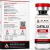 Alpha Peptide Research Cartalax 20mg research peptide featuring a technical information product box and a laboratory-grade lyophilized peptide vial with visible molecular bond graphics for scientific research.