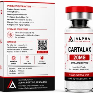 Alpha Peptide Research Cartalax 20mg research peptide featuring a technical information product box and a laboratory-grade lyophilized peptide vial with visible molecular bond graphics for scientific research.