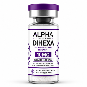 Alpha Peptide Research Dihexa 10mg Cognitive Peptide lyophilized research peptide vial with deep purple DNA helix graphics for scientific and laboratory research.