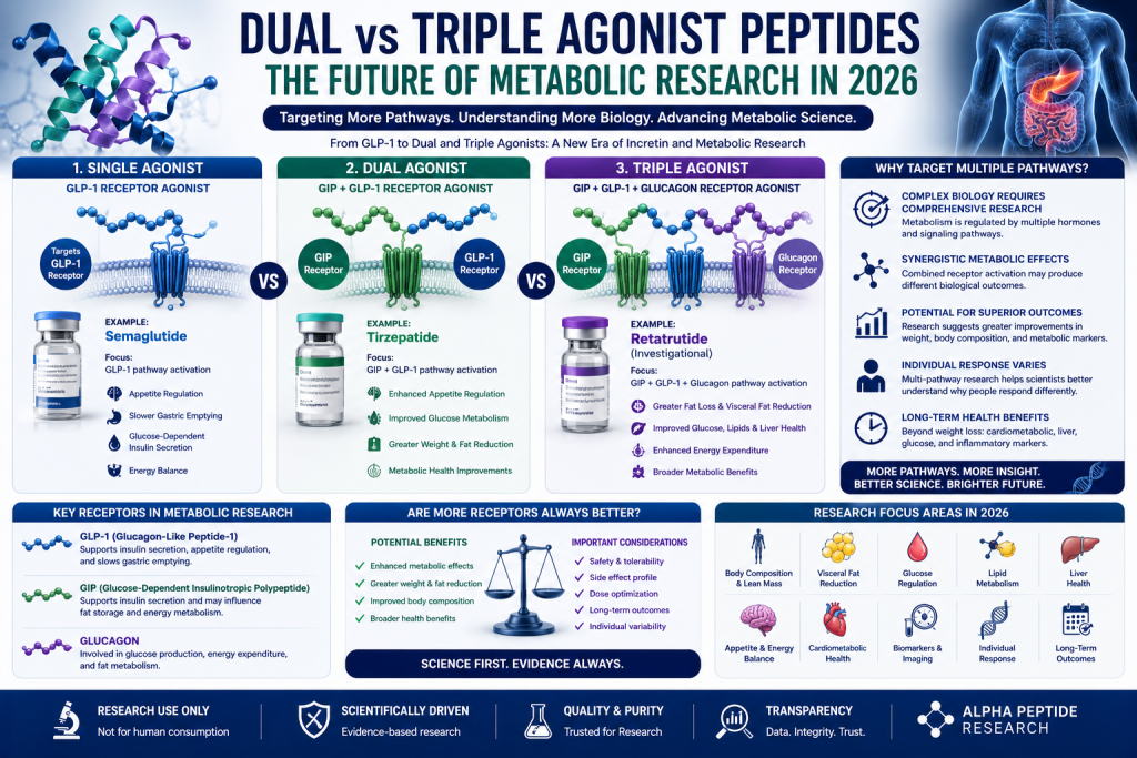 Scientific infographic comparing single, dual, and triple agonist peptides, including GLP-1, GIP, and glucagon receptor pathways in metabolic research.