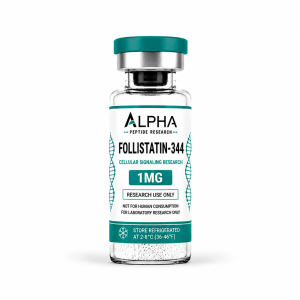 Alpha Peptide Research Follistatin-344 1mg laboratory research vial with teal Healing Peptides branding.