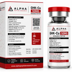 Back and side view of Alpha Peptide Research GHK-Cu 50mg lyophilized peptide featuring product packaging, storage instructions, Research Use Only labeling, and product identification for scientific research.