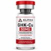 Front view of Alpha Peptide Research GHK-Cu 50mg lyophilized peptide vial for scientific research with Research Use Only labeling and premium laboratory-grade packaging.