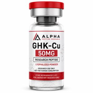 Front view of Alpha Peptide Research GHK-Cu 50mg lyophilized peptide vial for scientific research with Research Use Only labeling and premium laboratory-grade packaging.