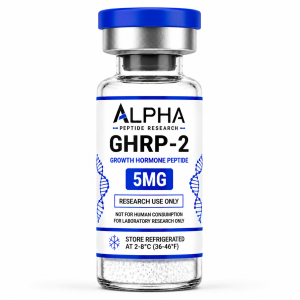 Alpha Peptide Research GHRP-2 5mg Growth Hormone lyophilized research peptide vial with royal blue DNA helix graphics for scientific and laboratory research.