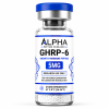 Alpha Peptide Research GHRP-6 5mg Growth Hormone lyophilized research peptide vial with royal blue DNA helix graphics for scientific and laboratory research.