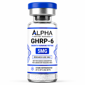 Alpha Peptide Research GHRP-6 5mg Growth Hormone lyophilized research peptide vial with royal blue DNA helix graphics for scientific and laboratory research.