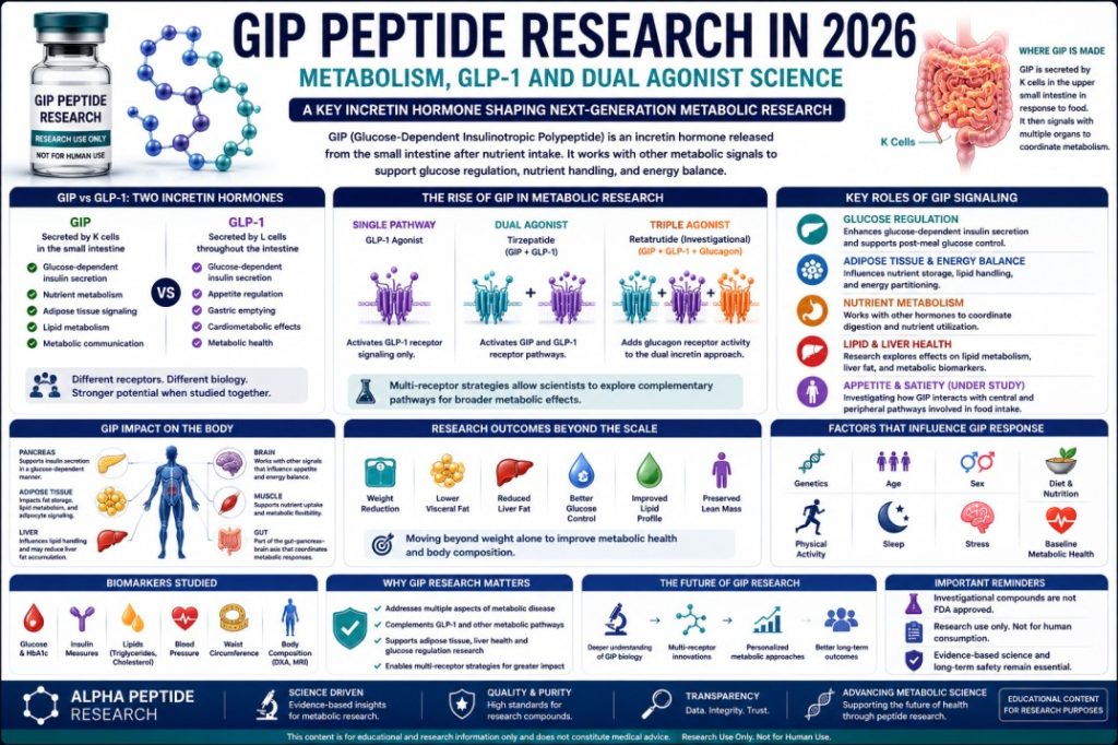Scientific infographic about GIP peptide research in 2026, including GLP-1, tirzepatide, dual agonists, metabolic signaling, glucose regulation, and body composition.