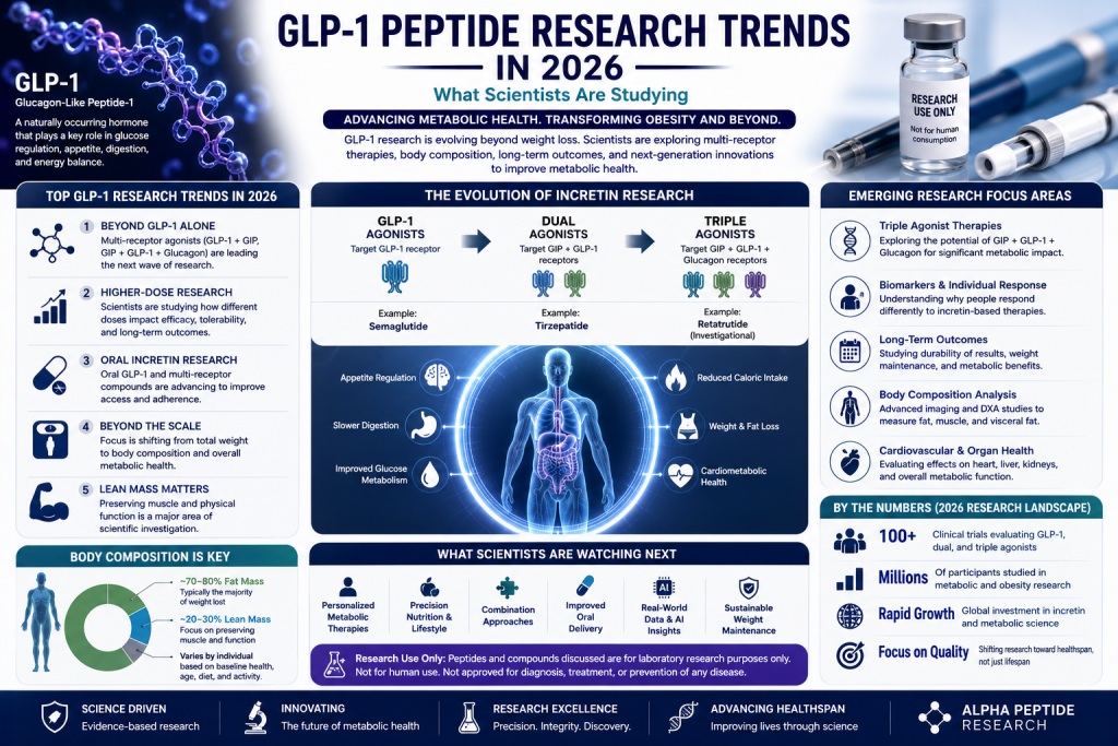 GLP-1 peptide research trends in 2026 infographic covering metabolic health, dual and triple agonists, body composition, and emerging research.
