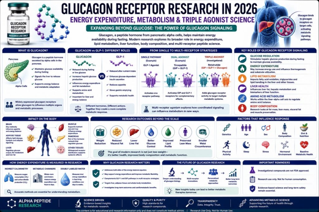 Scientific infographic about glucagon receptor research in 2026, showing energy expenditure, glucose regulation, lipid metabolism, GLP-1, and triple agonist research.
