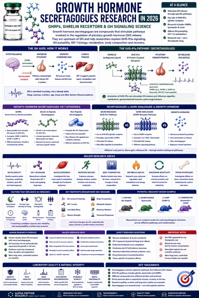 Growth hormone secretagogues research infographic showing GHS-R1a and ghrelin signaling, pituitary GH release, GH pulsatility, IGF-1, GHRPs, Ipamorelin, metabolism, and research quality.