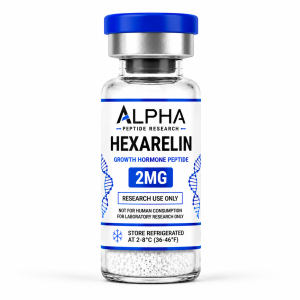 Alpha Peptide Research Hexarelin 2mg Growth Hormone lyophilized research peptide vial with royal blue DNA helix graphics for scientific and laboratory research.