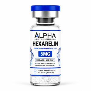 Alpha Peptide Research Hexarelin 5mg Growth Hormone lyophilized research peptide vial with royal blue DNA helix graphics for scientific and laboratory research.