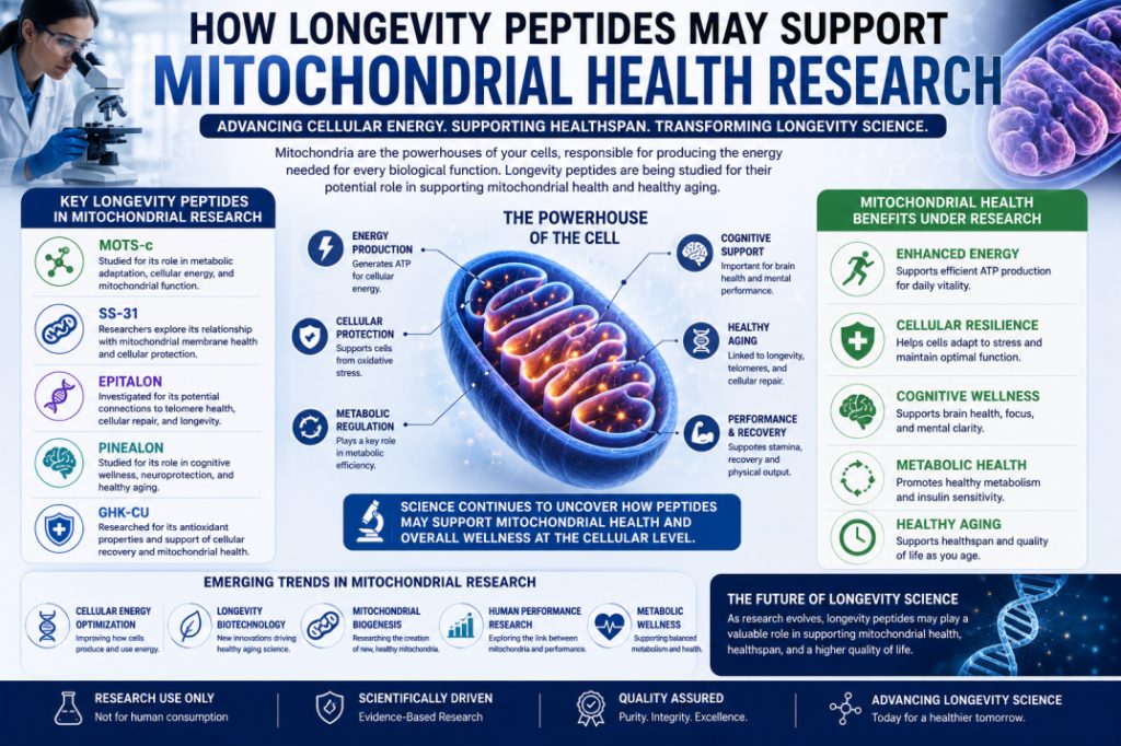 Scientific infographic illustrating how longevity peptides are being studied in mitochondrial health research, cellular energy production, and healthy aging science.