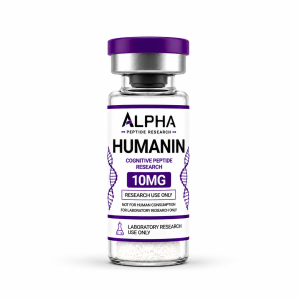 Alpha Peptide Research Humanin 10mg Cognitive Peptide laboratory research vial with deep purple DNA helix graphics on a white background.