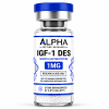 Alpha Peptide Research IGF-1 DES 1mg Growth Factor lyophilized research peptide vial with royal blue DNA helix graphics for scientific and laboratory research.