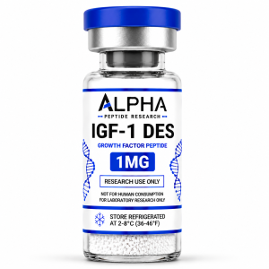 Alpha Peptide Research IGF-1 DES 1mg Growth Factor lyophilized research peptide vial with royal blue DNA helix graphics for scientific and laboratory research.