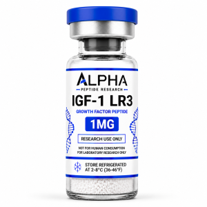 Alpha Peptide Research IGF-1 LR3 1mg Growth Factor lyophilized research peptide vial with royal blue DNA helix graphics for scientific and laboratory research.