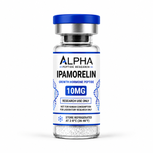 Alpha Peptide Research Ipamorelin 10mg Growth Hormone lyophilized research peptide vial with royal blue DNA helix graphics for scientific and laboratory research.
