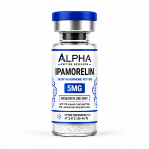 Alpha Peptide Research Ipamorelin 5mg Growth Hormone lyophilized research peptide vial with royal blue DNA helix graphics for scientific and laboratory research.