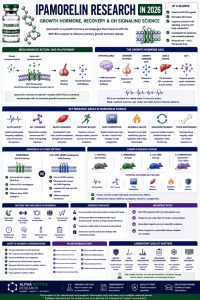 Ipamorelin research infographic explaining GHS-R1a signaling, growth hormone release, GH pulsatility, IGF-1, muscle recovery, body composition, metabolism, and laboratory research quality.