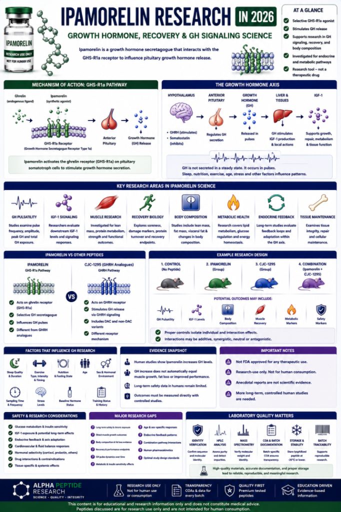Ipamorelin research infographic explaining GHS-R1a signaling, growth hormone release, GH pulsatility, IGF-1, muscle recovery, body composition, metabolism, and laboratory research quality.
